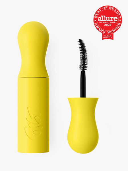 Tilt Beauty Lashscape Mascara in branded yellow tube next to brush applicator cap on light gray background with red Allure Best of Beauty seal in the top right corner