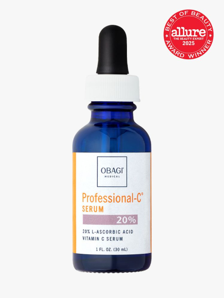 Obagi Medical Professional-C Serum 20 in branded blue bottle with black and white pipette on light gray background with red Allure Best of Beauty seal in the top right corner