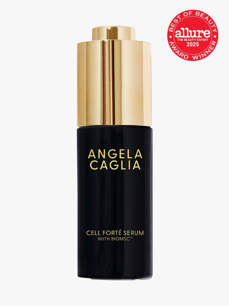 Cell Forté Serum in branded black bottle with gold cap on light gray background with red Allure Best of Beauty seal in the top right corner