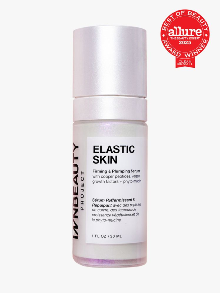 InnBeauty Project Elastic Skin Firming & Plumping Vegan Growth Factor Serum in branded clear bottle with silver cap on light gray background with red Allure Best of Beauty seal in the top right corner
