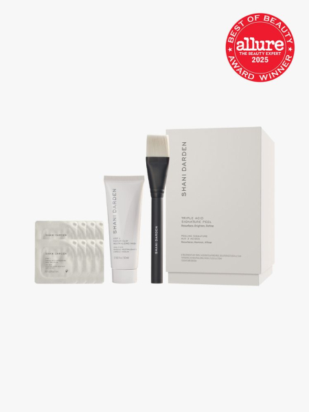 Shani Darden Skin Care Triple Acid Signature Peel set in branded off white packaging next to black application brush on light gray background with red Allure Best of Beauty seal in the top right corner