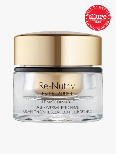 Estée Lauder Re-Nutriv Ultimate Diamond Age Reversal Eye Creme in branded clear jar with gold twist cap on light gray background with red Allure Best of Beauty seal in the top right corner