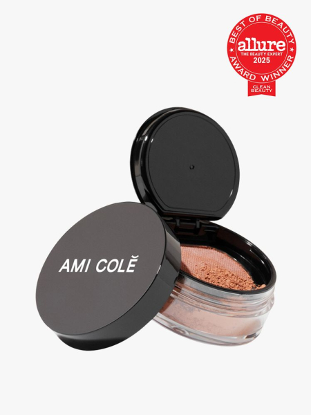 Ami Colé Skin Melt Loose Powder in branded clear sift compact with black flip cap on light gray background with red Allure Best of Beauty seal in the top right corner