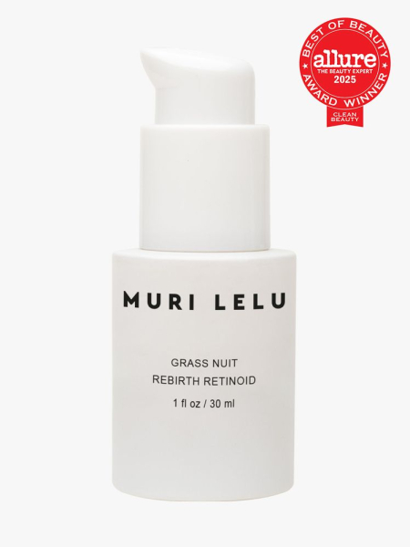 Muri Lelu Grass Nuit Rebirth Retinoid in branded white bottle with pump on light gray background with red Allure Best of Beauty seal in the top right corner