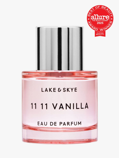 Lake & Skye 11 11 Vanilla Eau de Parfum in branded clear bottle with silver cap on light gray background with red Allure Best of Beauty seal in the top right corner
