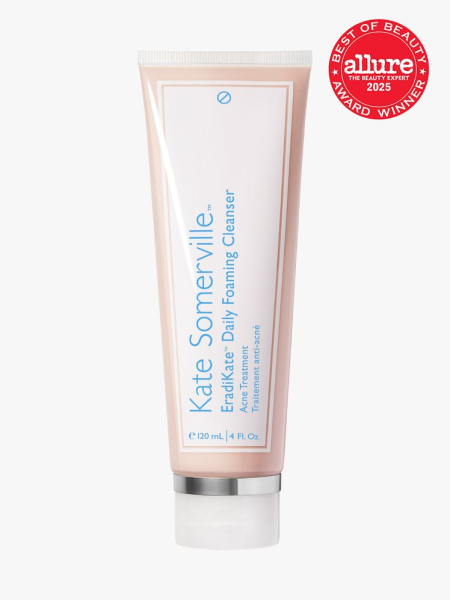 Kate Somerville EradiKate 3% Sulfur Daily Foaming Cleanser in branded clear tube with white and silver cap on light gray background with red Allure Best of Beauty seal in the top right corner