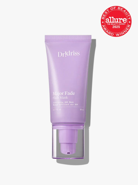 Dr. Idriss Major Fade Flash Mask purple tube on light gray background with red Allure Best of Beauty seal in the top right corner