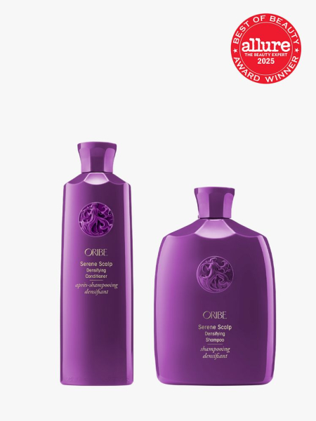 Oribe Serene Scalp Densifying Shampoo and Serene Scalp Densifying Conditioner set in branded purple color way on light gray background with red Allure Best of Beauty seal in the top right corner