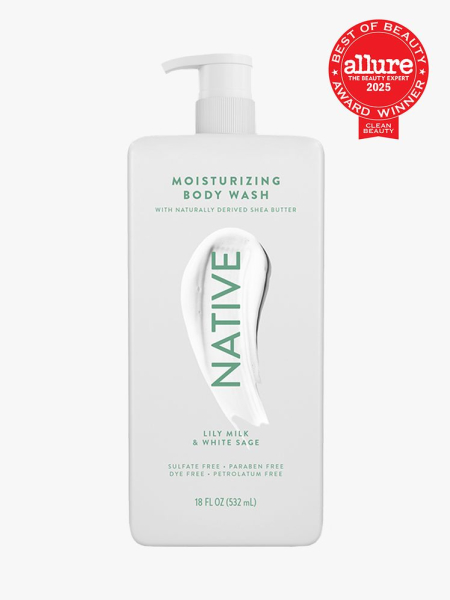 Native Moisturizing Body Wash in branded white bottle with pump on light gray background with red Allure Best of Beauty seal in the top right corner