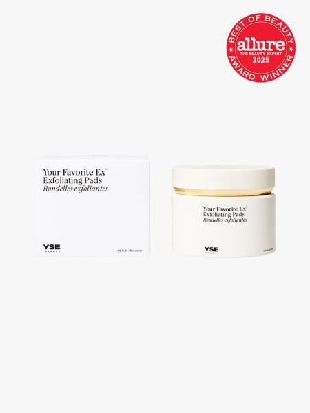 YSE Beauty Your Favorite Ex Exfoliating Pads in white jar with white and gold twist cap next to branded box packaging on light gray background with red Allure Best of Beauty seal in the top right corner