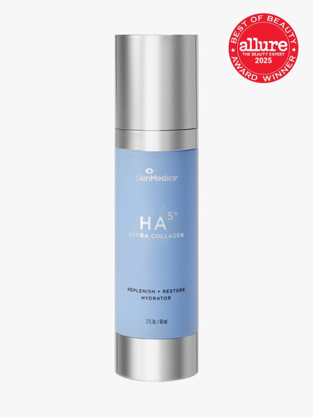 SkinMedica HA5 Hydra Collagen Replenish + Restore Hydrator in branded blue and silver bottle with silver cap on light gray background with red Allure Best of Beauty seal in the top right corner