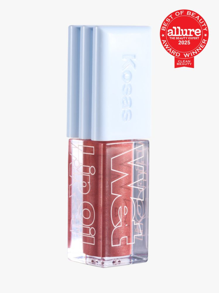 Kosas Wet Lip Oil Gloss in branded clear tube with light blue cap on light gray background with red Allure Best of Beauty seal in the top right corner