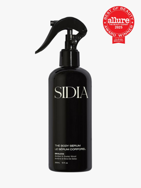 Braless Body Serum black spray bottle on light gray background with red Allure Best of Beauty seal in the top right corner