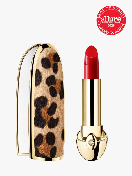 Rouge G Lipstick + Customizable Case in branded gold and leopard print color way on light gray background with red Allure Best of Beauty seal in the top right corner