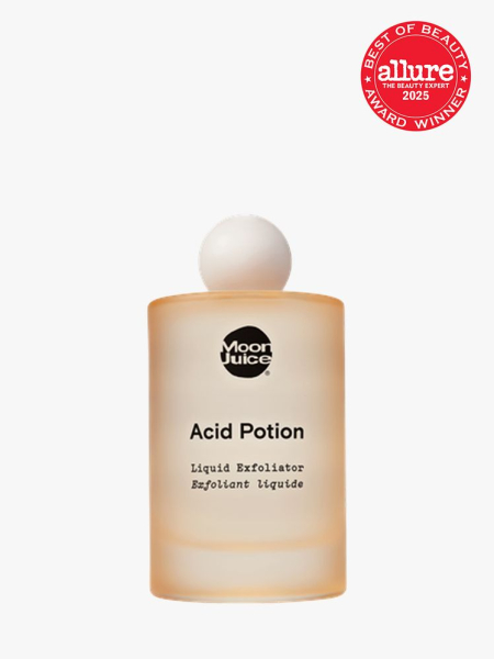 Moon Juice Acid Potion in branded clear orange bottle with white cap on light gray background with red Allure Best of Beauty seal in the top right corner