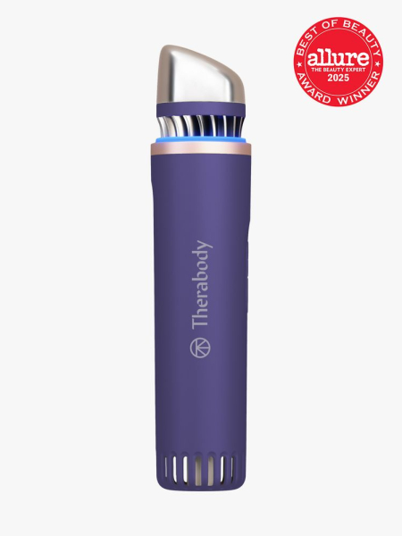 Theraface Depuffing Wand in branded purple color way on light gray background with red Allure Best of Beauty seal in the top right corner