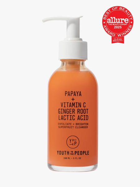 Youth to the People Superfruit Gentle Exfoliating Cleanser in branded clear bottle with white pump on light gray background with red Allure Best of Beauty seal in the top right corner
