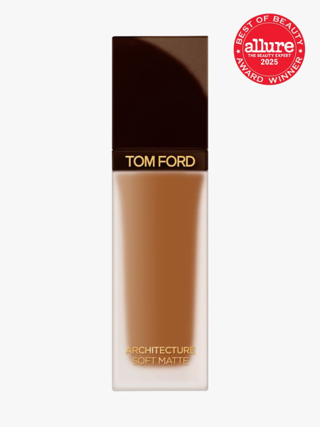 Tom Ford Beauty Architecture Soft Matte Blurring Foundation in frosted clear bottle with brown cap on light gray background with red Allure Best of Beauty seal in the top right corner