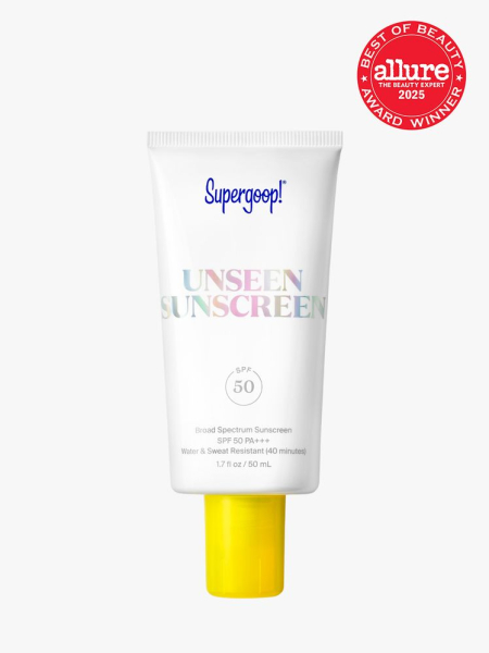 Supergoop Unseen Sunscreen SPF 50 in branded white tube with yellow cap on light gray background with red Allure Best of Beauty seal in the top right corner
