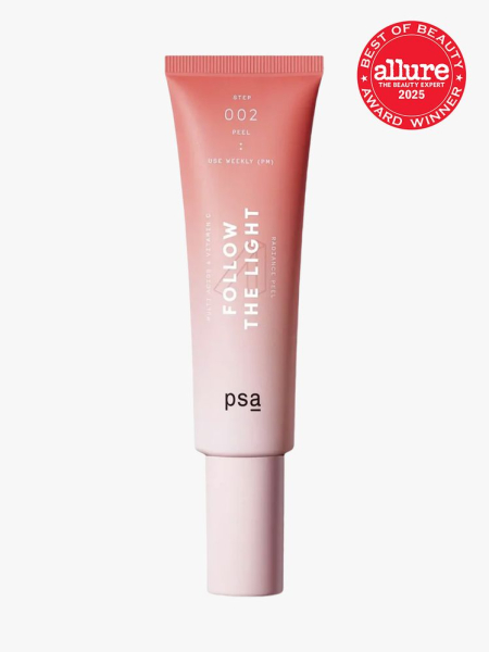 PSA Skincare Follow The Light Multi Acids & Vitamin C Peel in branded pink tube and cap on light gray background with red Allure Best of Beauty seal in the top right corner