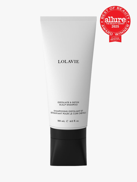 LolaVie Exfoliate & Detox Scalp Shampoo in branded white tube with black cap on light gray background with red Allure Best of Beauty seal in the top right corner