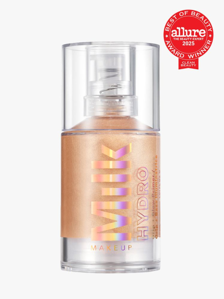 Milk Makeup Hydro Grip + Glow Primer in branded clear bottle with pump on light gray background with red Allure Best of Beauty seal in the top right corner