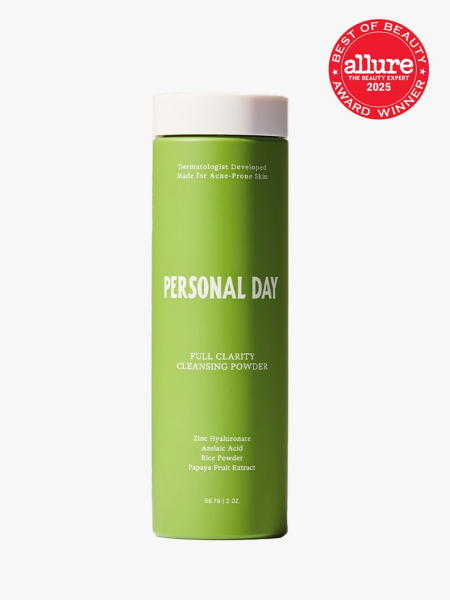 Personal Day Powder Cleanser green bottle with white cap on light gray background with red Allure Best of Beauty seal in the top right corner